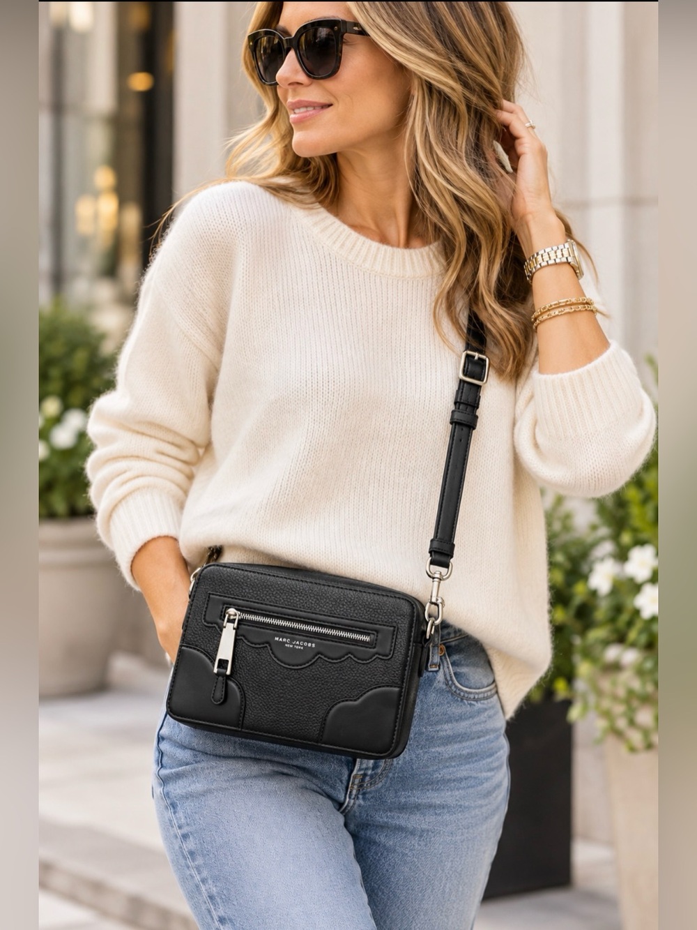 Marc Jacobs Black Leather Fleur Haze Shoulder Bag